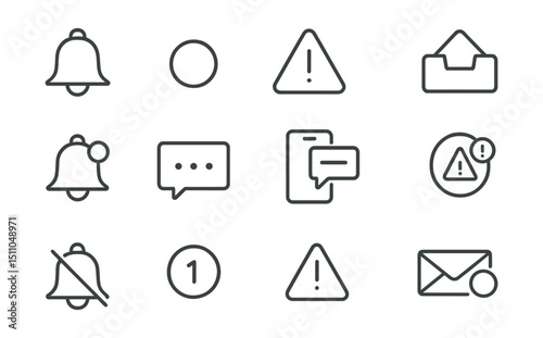 Line style icons of notifications and alerts: bell icon, notification dot, alert box, inbox icon, unread badge, message popup, push notification, alert center, silent mode, badge count, warning icon,
