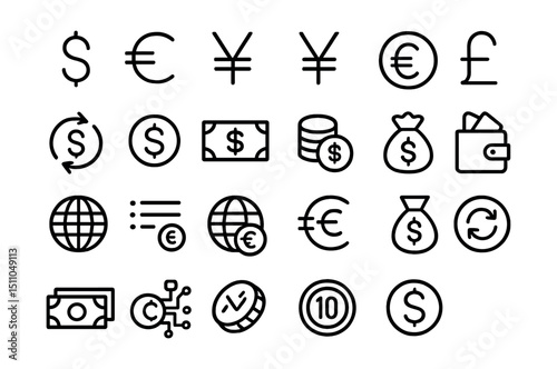 Line style icons of money and currency: dollar icon, euro icon, yen icon, pound icon, currency symbol, currency converter, exchange rate, money transfer, banknote icon, coins stack, wallet full,