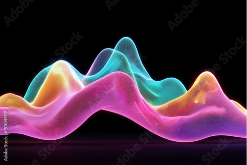 Abstract colorful waves formed by tiny dots against a black background creating a futuristic design