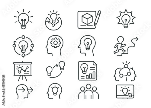 Line style icons of innovation and creativity: innovation lightbulb, breakthrough idea, prototype icon, concept badge, innovation flow, creative process, think different icon, creative path,
