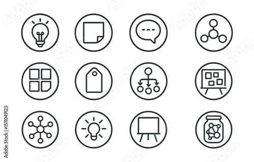 Line style icons of round ideation and brainstorming: round idea lightbulb, round sticky note, round sketch bubble, round brainstorm map, round post-it grid, round concept tag, round creative flow,