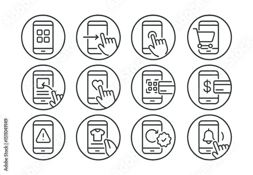 Line style icons of round mobile shopping: round mobile app, round swipe icon, round tap icon, round mobile cart, round product scroll, round wishlist tap, round QR scan, round in-app pay, round