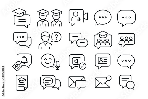 Line style icons of communication and online chat: education chat, student discussion, live Q&A, chat bubble icon, discussion thread, ask teacher, reply thread, student group chat, class announcement
