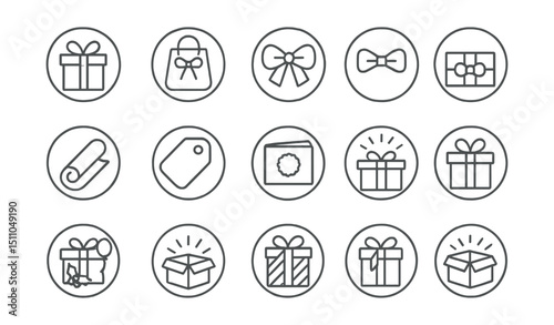 Line style icons of round gift and wrapping: round gift icon, round gift bag, round ribbon bow, round gift box, round wrap paper, round tag icon, round special message, round gift card icon, round