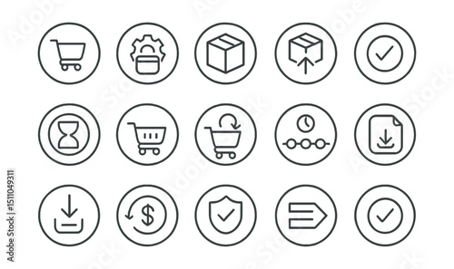 Line style icons of round order management: round order placed, round processing icon, round packed icon, round shipped icon, round delivered icon, round delayed icon, round cancel order, round