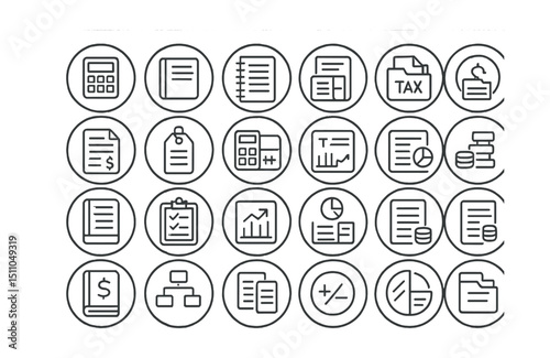 Line style icons of round accounting and bookkeeping: round calculator icon, round balance sheet, round ledger book, round invoice icon, round tax file, round accounting report, round receipt tag,