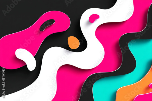 Abstract colorful layers with curvy shapes in pink white black orange and turquoise design art