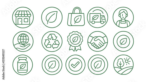 Line style icons of round eco-friendly marketplace: round green store, round eco category, round reusable icon, round eco delivery, round fair trade product, round recycled icon, round low impact