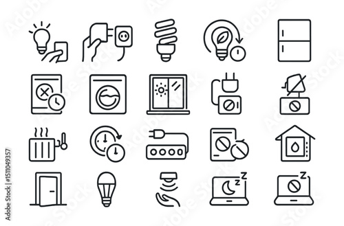 Line style icons of energy-saving habits: switch off light, unplug device, energy-efficient bulb, low energy use, smart thermostat, reduce screen time, cold wash icon, natural lighting, window open