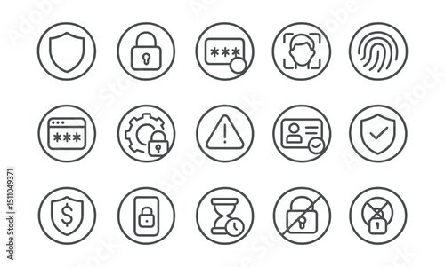 Line style icons of round security and identity: round shield icon, round lock icon, round two-factor auth, round facial ID, round fingerprint icon, round secure code, round privacy setting, round