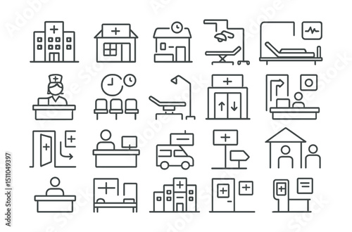 Line style icons of hospital and medical facilities: hospital building, clinic icon, emergency room, operating theater, ICU icon, nurse station, waiting area, exam room, hospital elevator, triage