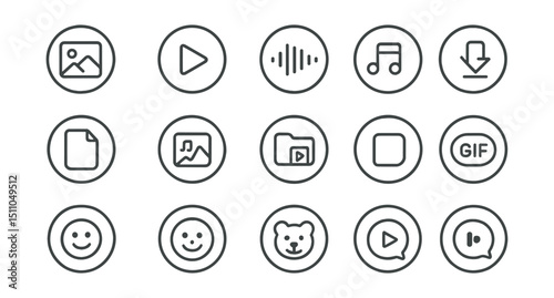 Line style icons of round multimedia messaging: round image icon, round video message, round voice note, round audio file, round document attach, round media file, round gallery preview, round file