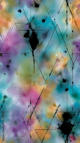 Wallpaper Mural Teal Blue Purple Pink Ink Splatter and Triangle Line Wash Pattern Overlay Torontodigital.ca