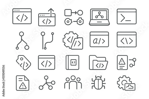 Line style icons of development and remote coding: code editor, deploy icon, code commit, remote repository, terminal window, merge icon, Git branch, feature build, syntax icon, live preview, backend