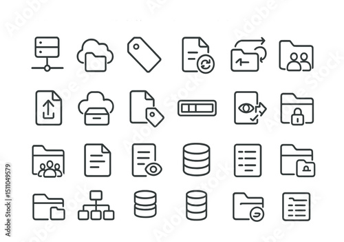 Line style icons of storage and file organization: shared drive, remote folder, file tag, doc versioning, folder sync, upload file, cloud archive, label icon, storage meter, access icon, team file