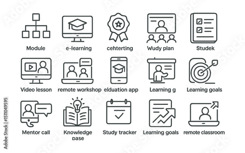 Line style icons of learning and professional development: course module, e-learning icon, certification badge, study plan, video lesson, remote workshop, webinar icon, test quiz, flashcard icon,