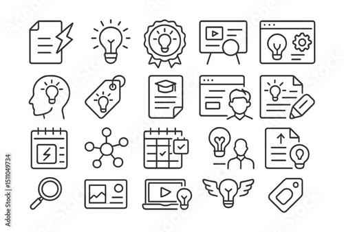 Line style icons of course ideas and creation: content spark, course idea, brainstorm badge, idea board, course sketch, innovation concept, new subject tag, module idea, creative education, idea doc,