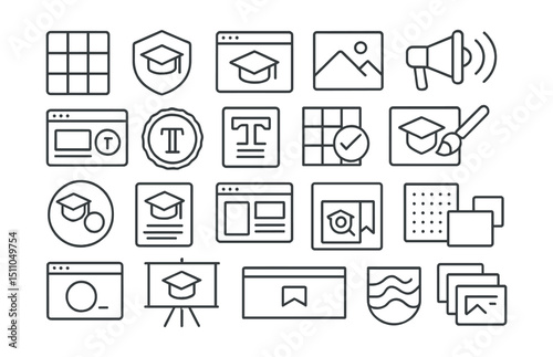 Line style icons of educational branding and visuals: brand palette, course logo, education brand, course thumbnail, brand voice, layout template, typography badge, consistent design, logo alignment,