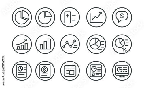 Line style icons of round financial reports and analysis: round income breakdown, round expense report, round balance sheet, round profit chart, round earnings call, round forecast icon, round