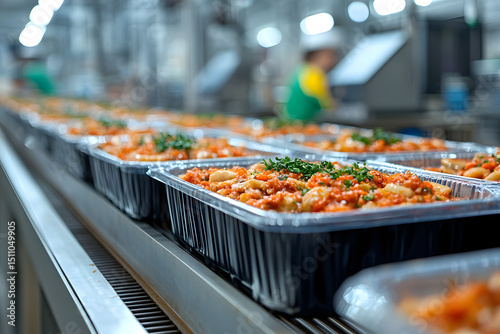 Food production line with ready meals in plastic containers, moving along conveyor belt in a food factory, automated process ensures high quality and safety standards.