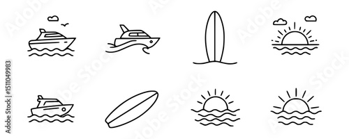 Beach line icon set. Yacht, surfboard, sea, sunset. Vacation concept. Can be used for topics like seaside, tropical resort, summer