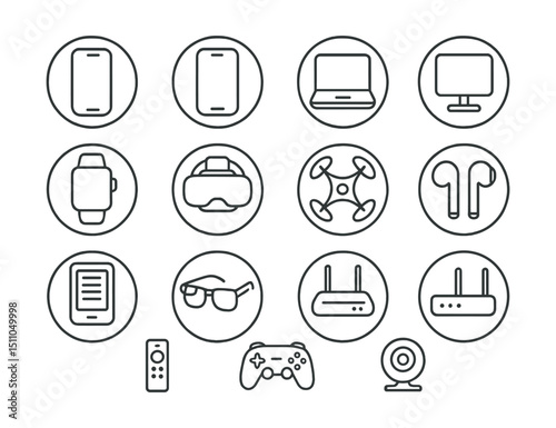 Line style icons of round technology devices: round smartphone icon, round tablet icon, round laptop icon, round desktop monitor, round smartwatch, round VR headset, round drone icon, round wireless