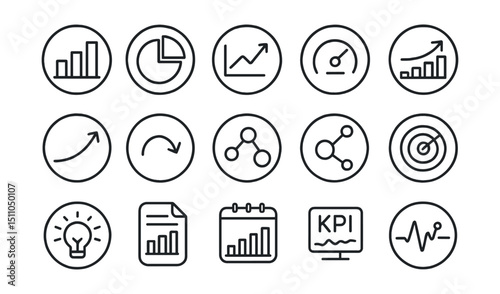 Line style icons of round analytics and reports: round bar chart, round pie chart, round conversion graph, round performance circle, round growth rate, round bounce rate, round dashboard bubble,