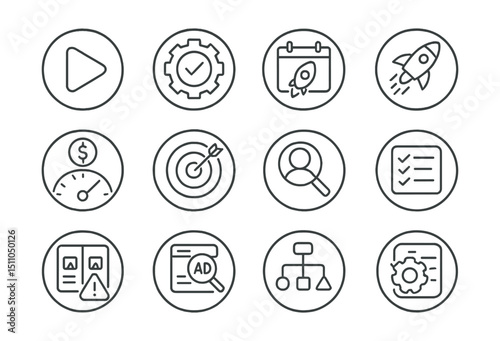 Line style icons of round campaign management: round live campaign, round campaign setup, round multi-channel icon, round launch calendar, round spend tracker, round conversion goal, round campaign