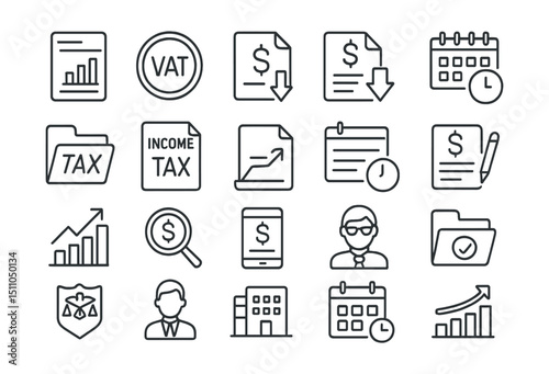 Line style icons of taxation and compliance: tax form, VAT badge, tax refund, deduction icon, tax planning, tax file, income tax, tax return, tax deadline, tax payment, taxable income, tax audit,