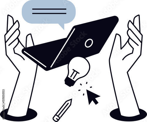 Hands idea lightbulb innovation startup business success creativity thinking inspiration concept launch vector art illustration
