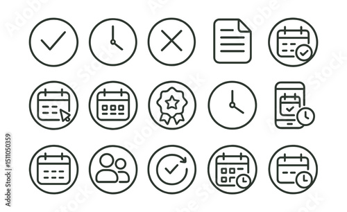 Line style icons of round availability and booking: round available slot, round busy time, round blocked time, round booking form, round select date, round open calendar, round reservation badge,