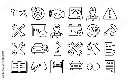 Line style icons of aviation and air mobility: airplane icon, airport terminal, control tower, flight path, aircraft engine, jet stream, air traffic control, flight crew, boarding gate, propeller