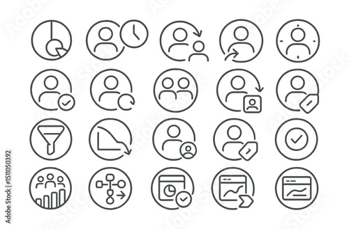Line style icons of round user analytics: round user chart, round session icon, round bounce rate, round time on site, round active user, round return visitor, round new vs returning, round user flow