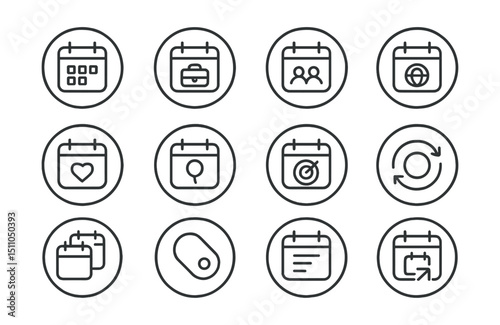 Line style icons of round calendar types: round personal calendar, round work calendar, round shared calendar, round public calendar, round holiday calendar, round birthday calendar, round goal