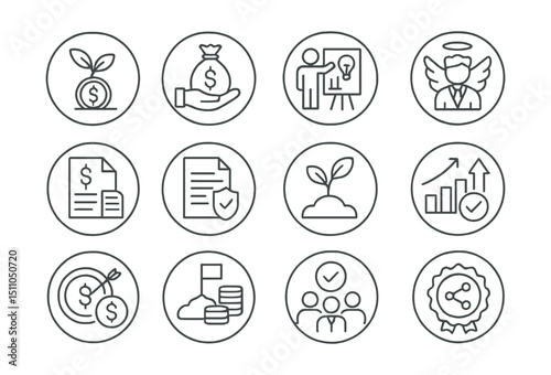 Line style icons of round funding and investment: round seed funding, round venture capital, round investor pitch, round funding round, round term sheet, round SAFE note, round pre-seed icon, round