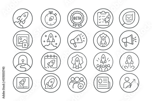 Line style icons of round startup launch: round product launch, round launch countdown, round beta release, round launch checklist, round press kit, round feature launch, round marketing push, round