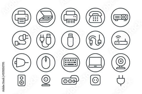 Line style icons of round office equipment: round printer icon, round scanner icon, round shredder icon, round phone icon, round projector icon, round cable icon, round charger icon, round USB drive,