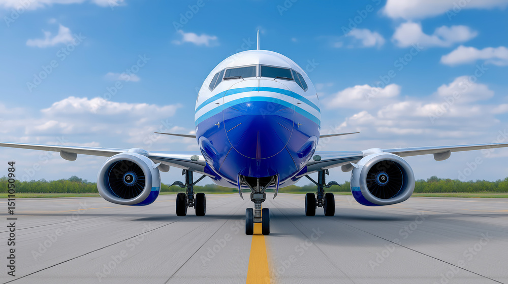Obraz premium front-facing view of a blue and white commercial airplane positioned on the runway under a bright sky, symbolizing travel, aviation, and global connectivity
