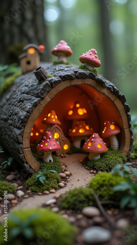 Generative AI Enchanted Mushroom House in Log Mushroom house Miniature Forest Fairy tale Fantasy Whimsical Moss Red mushroom Glowing Tiny house Wood Nature Outdoors Path - Modern Look