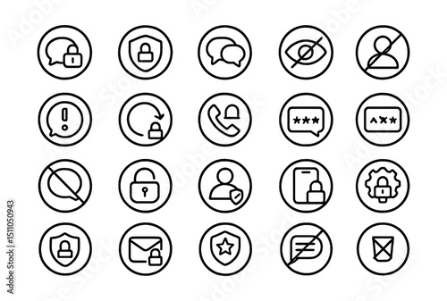 Line style icons of round privacy and message control: round lock message, round encrypted icon, round private chat, round hide message, round block user, round report spam, round vanish mode, round