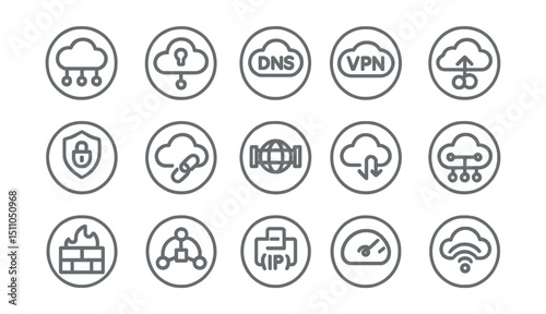 Line style icons of round cloud networking: round network cloud, round cloud access, round DNS cloud, round VPN icon, round IP badge, round secure gateway, round router cloud, round internet pipe,