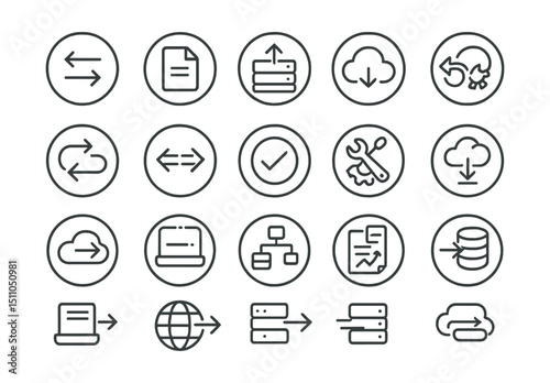 Line style icons of round data transfer and migration: round migrate icon, round file transfer, round upload server, round download cloud, round data flow, round import/export, round transfer