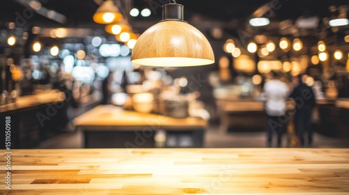 Warm Evening at a Cozy Cafe: A Wooden Table Setting Under a Hanging Lamp