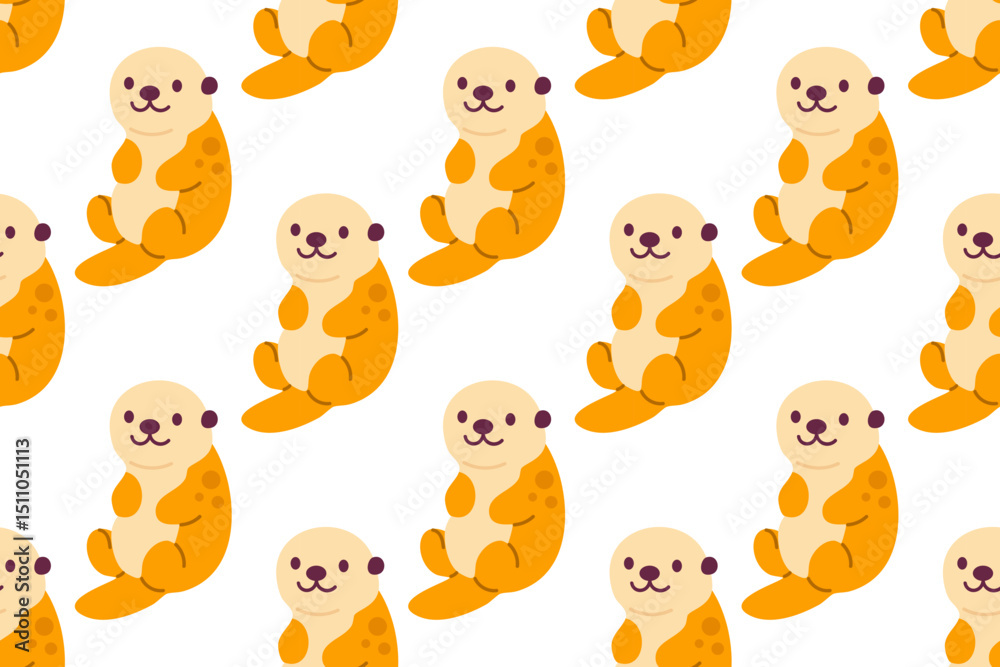 Fototapeta premium Seamless pattern with cute orange sea otters sitting with happy faces, ideal for children’s ocean-themed designs