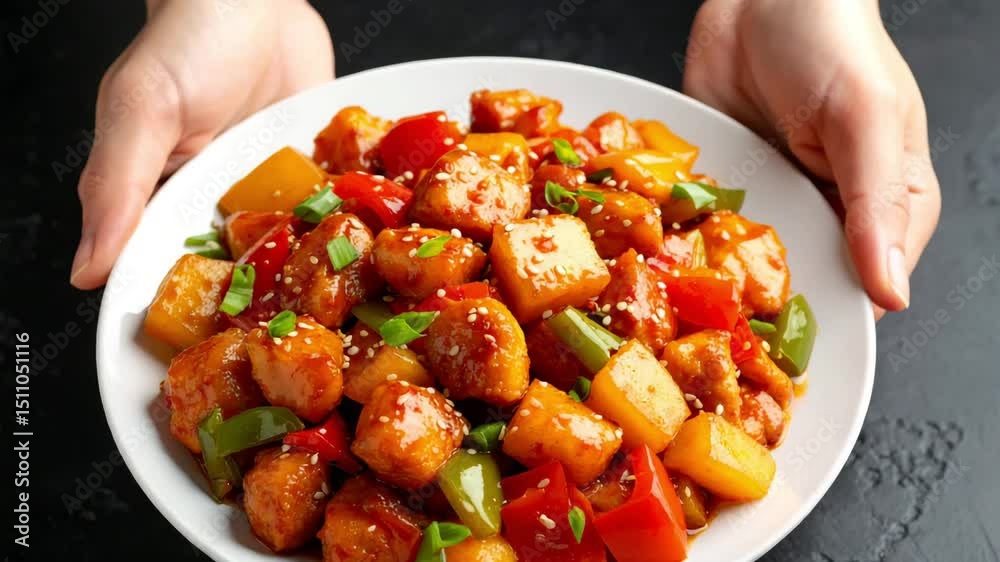 Serving a Plate of Sweet and Sour Chicken