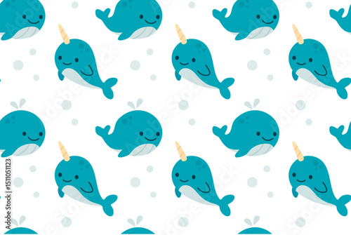Seamless pattern with smiling narwhals and small bubbles on white background, ideal for ocean-themed children’s products