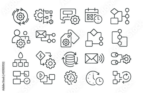 Line style icons of automation in marketing: automation icon, rule engine, workflow automation, scheduled action, trigger icon, behavior automation, campaign sequence, auto-tagging, conditional flow,