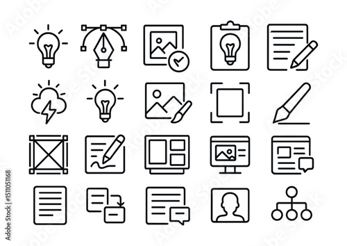 Line style icons of digital creativity and content: idea bulb, design tool, content icon, creative brief, brainstorm badge, visual idea, creative asset, content planning, sketch draft, concept frame,
