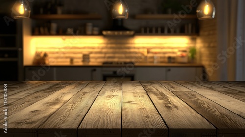 Rustic Wooden Tabletop with Blurred Warm Kitchen Background