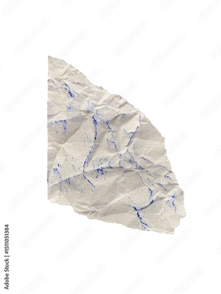 Obraz premium Crumpled paper fragment with blue ink marks on a transparent background showcasing texture and unique details